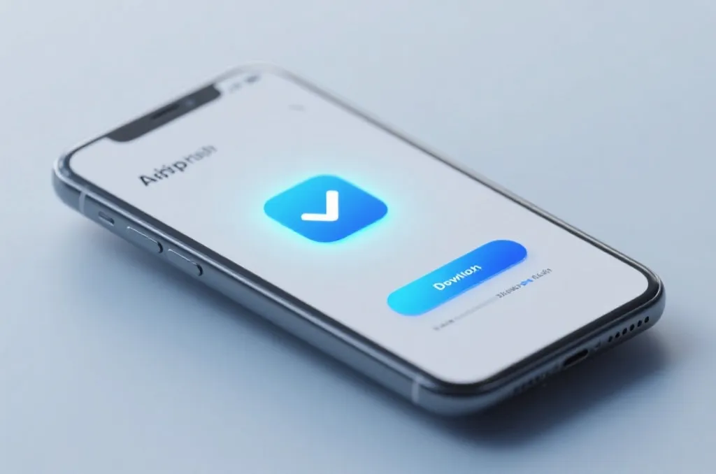 A sleek modern smartphone showing an app download interface with a glowing blue progress bar and a checkmark icon, clean tech aesthetic