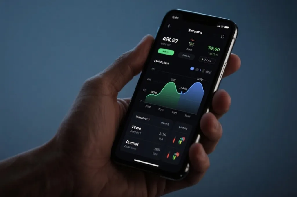 A hand holding a sleek mobile phone in dark mode showing smooth visual charts and instant sports data updates.