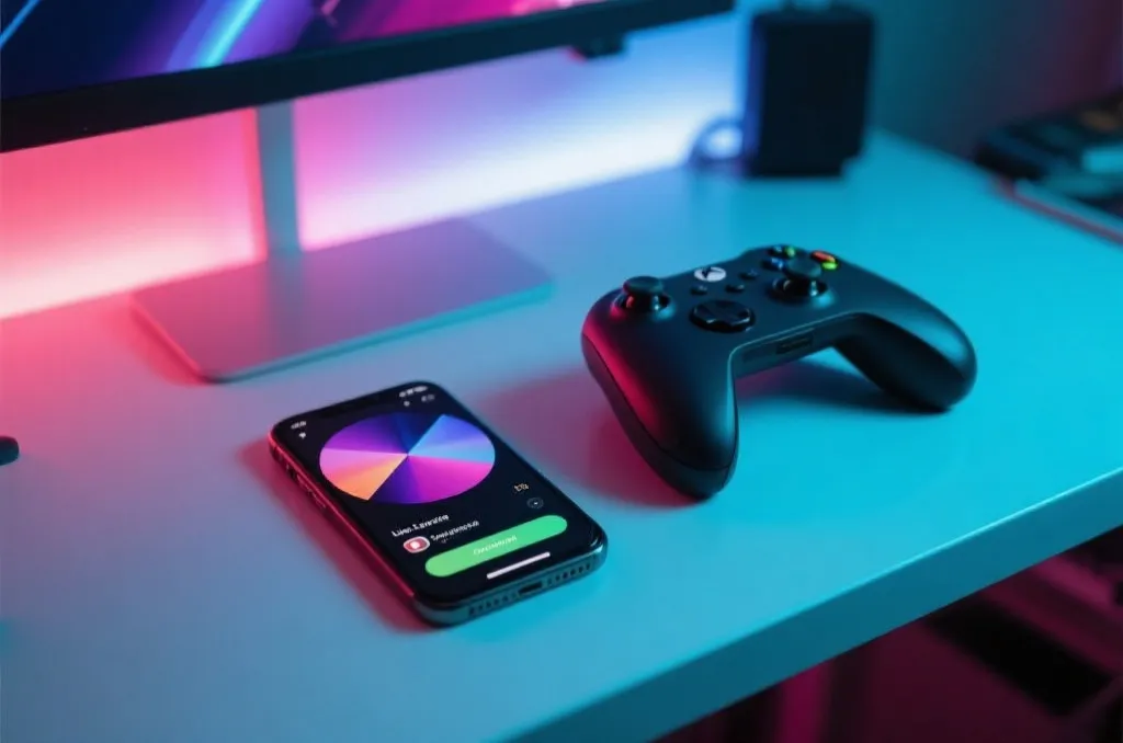 Sleek smartphone displaying generic esports match graphics with ambient neon lighting